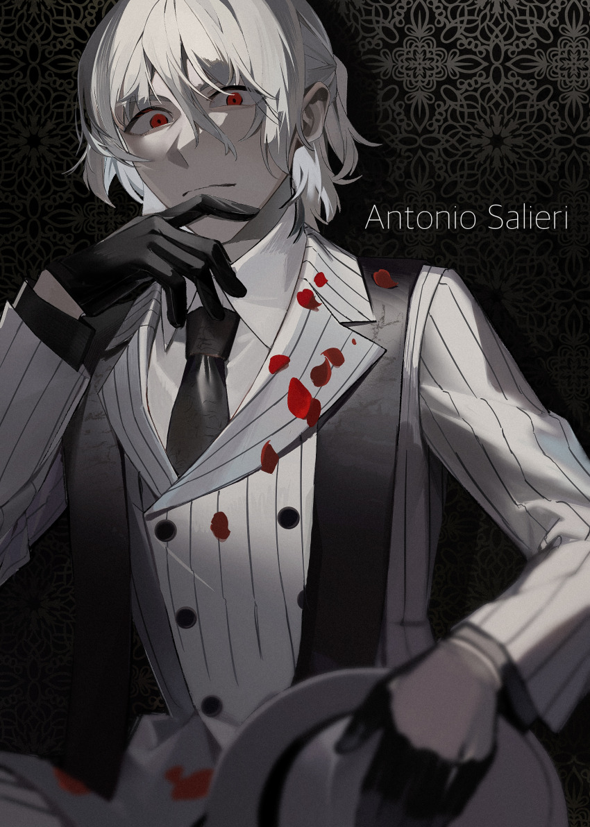 1boy absurdres alternate_costume antonio_salieri_(fate) black_background black_gloves black_necktie buttons character_name closed_mouth collared_shirt commentary double-breasted english_commentary falling_petals fate/grand_order fate_(series) fedora film_grain frown gloves hair_between_eyes half_updo hand_on_own_chin hat highres holding holding_unworn_clothes holding_unworn_hat jacket lapels long_sleeves looking_at_viewer male_focus necktie patterned_background peaked_lapels petals pinstripe_jacket pinstripe_pattern red_eyes shirt simple_background solo stole unworn_hat unworn_headwear white_hair white_hat white_jacket white_shirt wing_collar yukkuri_(fumoyun)