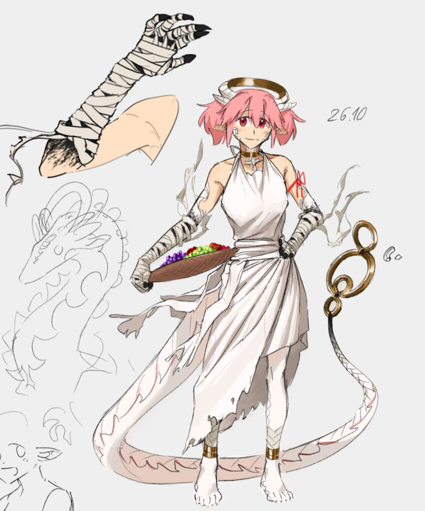 1girl alternate_costume anklet avanes_d bandaged_arm bandages black_claws bowl breasts closed_mouth dated dragon dragon_girl dragon_tail dress fruit_bowl full_body gold_anklet gold_choker gold_halo gold_ring grey_background highres holding holding_bowl horns jewelry kaname_madoka large_breasts looking_at_viewer mahou_shoujo_madoka_magica pink_hair red_ribbon reference_sheet ribbon short_hair short_twintails simple_background sketch smile solo tail twintails white_dress white_horns white_tail