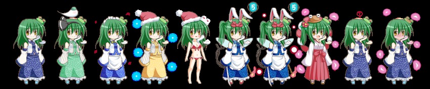 1girl ? ^_^ adapted_costume alternate_costume alternate_headwear animal_ears bare_shoulders bikini blush bow breasts rabbit_ears cat_tail chen cleavage closed_eyes cosplay cursor detached_sleeves embarrassed enmaided expressive_clothes closed_eyes fairy_wings flower frog_hair_ornament full-face_blush full_body fusion green_hair hair_flower hair_ornament hair_ribbon hat highres japanese_clothes kemonomimi_mode kochiya_sanae konpaku_youmu konpaku_youmu_(cosplay) konpaku_youmu_(ghost) long_hair long_image maid maid_headdress miko moriya_suwako multiple_views navel open_mouth osashin_(osada) ponytail pyonta red_bow reisen_udongein_inaba ribbon rope santa_hat shimenawa skirt smile smirk snake_hair_ornament spoken_question_mark swimsuit sword tail toramaru_shou toramaru_shou_(cosplay) torch touhou transparent_background weapon wide_image wings yasaka_kanako yellow_eyes