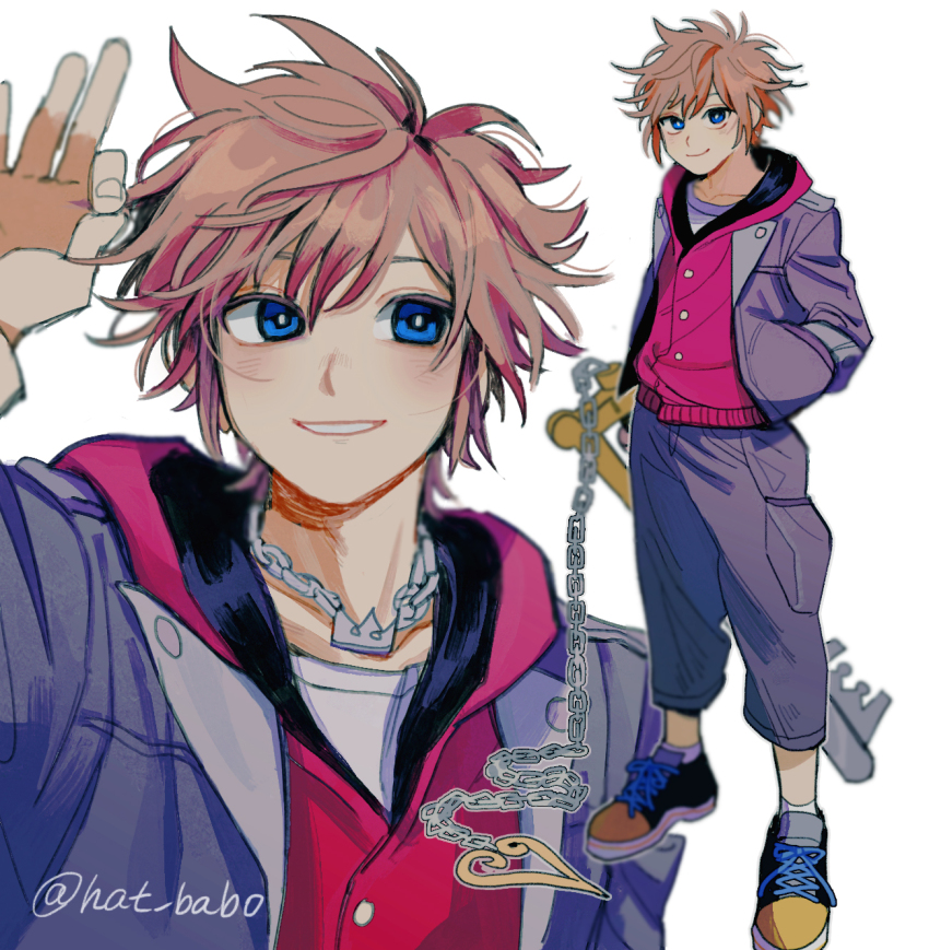 1boy blue_eyes brown_hair chain chain_necklace crown_necklace grin hand_in_pocket hand_up hat_babo highres holding holding_weapon jewelry keyblade kingdom_hearts kingdom_hearts_iv light_blush looking_at_viewer male_focus necklace shoes short_hair smile sneakers sora_(kingdom_hearts) standing twitter_username weapon white_background