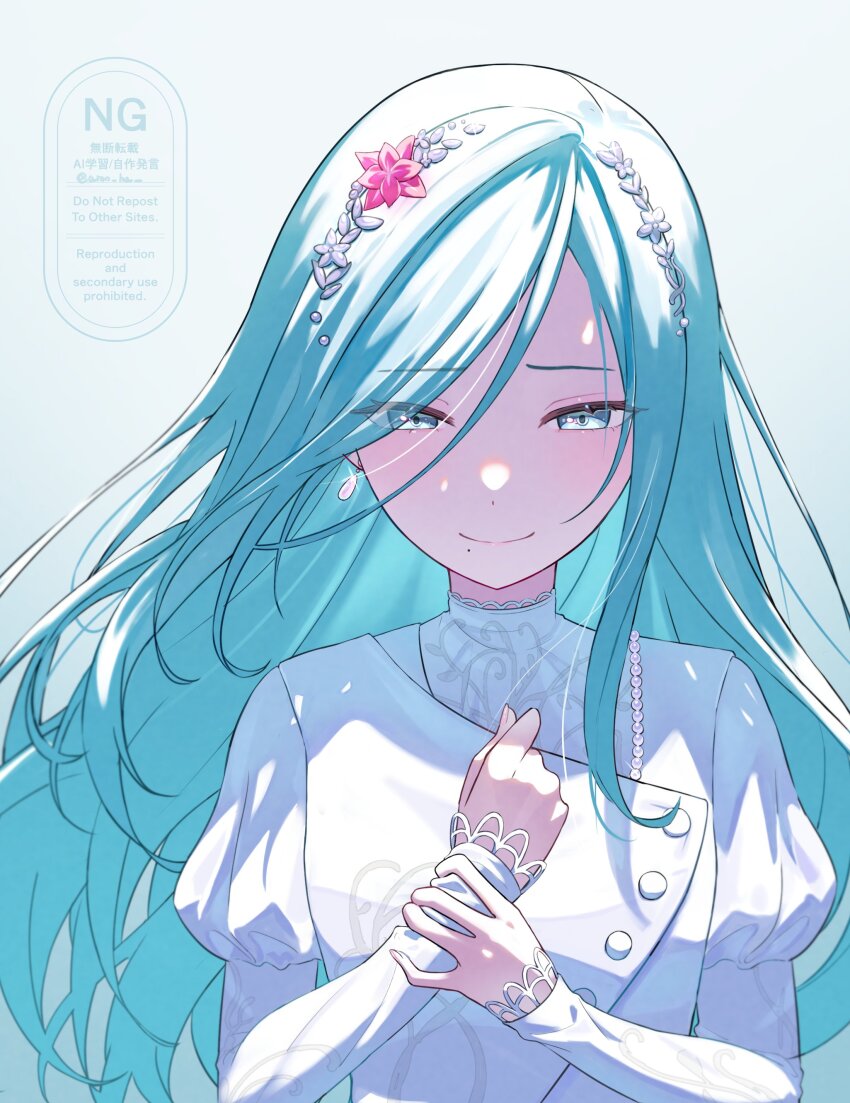 1girl absurdres amo_ha blue_eyes blue_hair buttons closed_mouth double-breasted earrings eyes_visible_through_hair floating_hair flower hair_flower hair_ornament half-closed_eyes hand_on_own_chest highres hinomori_shizuku jewelry juliet_sleeves long_hair long_sleeves looking_at_viewer mole mole_under_mouth project_sekai puffy_sleeves simple_background smile solo straight_hair swept_bangs tsurime upper_body