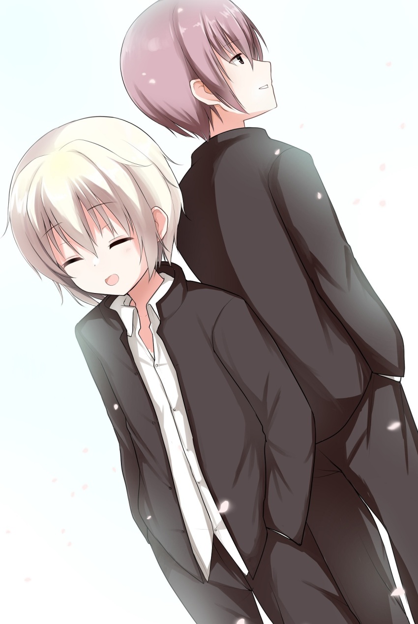 2boys :d ^_^ back-to-back black_jacket brown_hair closed_eyes collared_shirt commentary_request cowboy_shot dutch_angle falling_petals hands_in_pockets highres jacket kusanagi_naoya light_blush light_brown_hair male_focus multiple_boys natsume_kei_(sakura_no_uta) open_clothes open_jacket open_mouth parted_lips petals profile sakura_no_uta school_uniform shirt simple_background smile solo standing takepoison white_background white_shirt