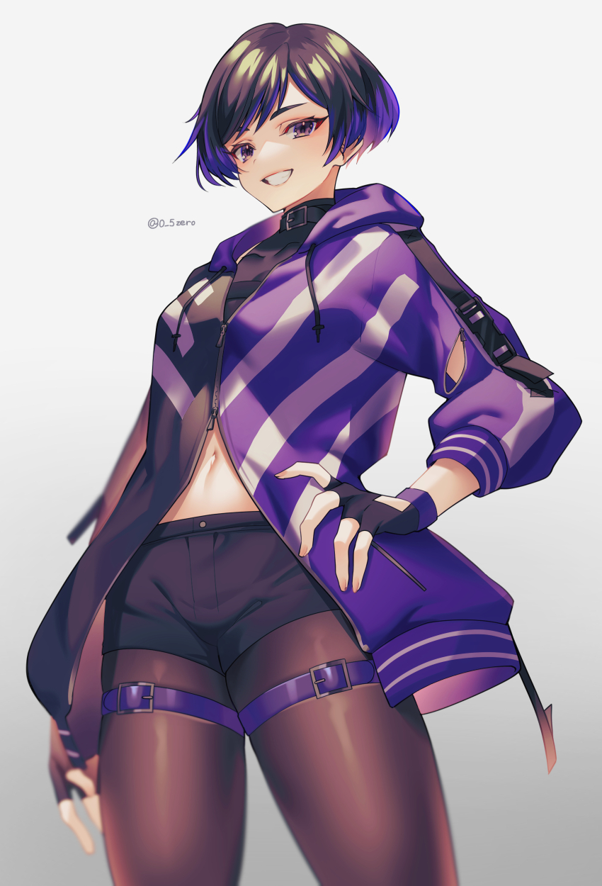 1girl absurdres artist_name black_gloves black_shorts brown_pantyhose cowboy_shot fingerless_gloves gloves grey_background grin hand_on_own_hip highres jacket long_sleeves looking_at_viewer navel pantyhose purple_eyes purple_hair purple_jacket reina_(tekken) short_hair shorts smile solo stomach teeth tekken tekken_8 tsurime twitter_username zero-go