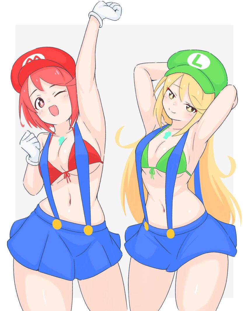 2girls adapted_costume arm_behind_head arm_up bikini bikini_top_only blonde_hair blue_skirt breasts chest_jewel core_crystal_(xenoblade) cosplay cowboy_shot gloves green_bikini highres large_breasts long_hair luigi luigi_(cosplay) mario mario_(cosplay) mario_(series) medium_breasts multiple_girls mythra_(xenoblade) nintendo pyra_(xenoblade) red_bikini red_eyes red_hair short_hair simple_background skirt suspenders swimsuit uncool_mochi white_background white_gloves xenoblade_chronicles_(series) xenoblade_chronicles_2 yellow_eyes