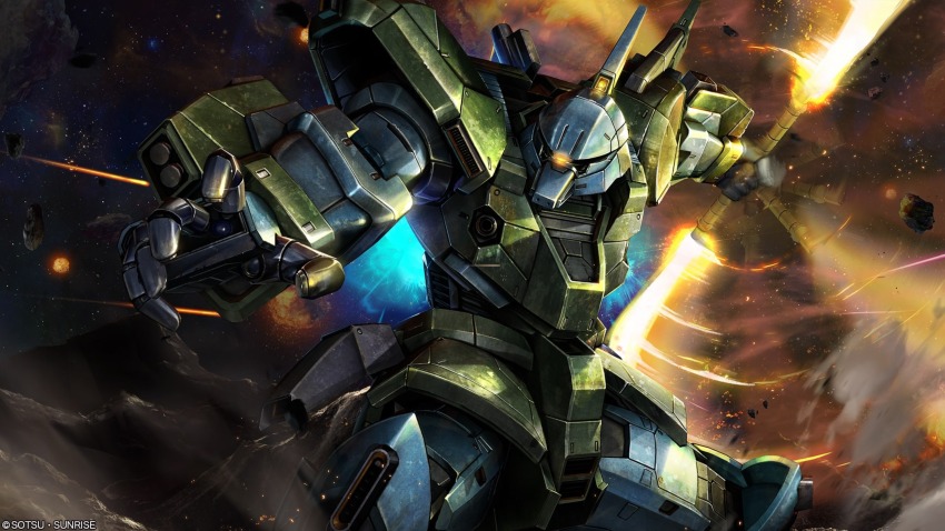 absurdres asteroid battle company_name copyright_notice energy_beam explosion gelgoog glowing glowing_eye gundam gundam_battle_operation_2 highres holding holding_weapon light_particles machinery mecha mecha_focus mobile_suit mobile_suit_gundam no_humans official_art painting_(medium) realistic robot scan science_fiction solo space sunrise_(company) tenjin_hidetaka traditional_media weapon yellow_eyes zeon zero_gravity