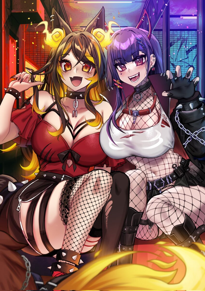2girls akuma_nihmune akuma_nihmune_(demon_past) animal_ears anklet black_collar black_footwear black_jacket black_nails black_skirt black_thighhighs bodystocking boots bra bracelet breasts brown_hair chain claw_pose cleavage collar crop_top cropped_shirt demon_girl demon_horns facial_tattoo fang fangs fire fishnet_bodystocking fishnet_thighhighs fishnets flame-tipped_tail halterneck heart heart_print heart_tattoo highres horns indie_virtual_youtuber jacket jewelry large_breasts long_hair looking_at_viewer multiple_girls nail_polish open_mouth orange_eyes osiimi purple_eyes purple_hair red_bra red_collar red_shirt second-party_source shirt sinder_(vtuber) sinder_(vtuber)_(old_design) skin_fang skirt spiked_anklet spiked_bracelet spiked_collar spikes tail tattoo thighhighs torn_clothes torn_shirt torn_thighhighs unbuttoned unbuttoned_skirt underwear virtual_youtuber white_shirt wolf_ears wolf_girl wolf_tail zipper