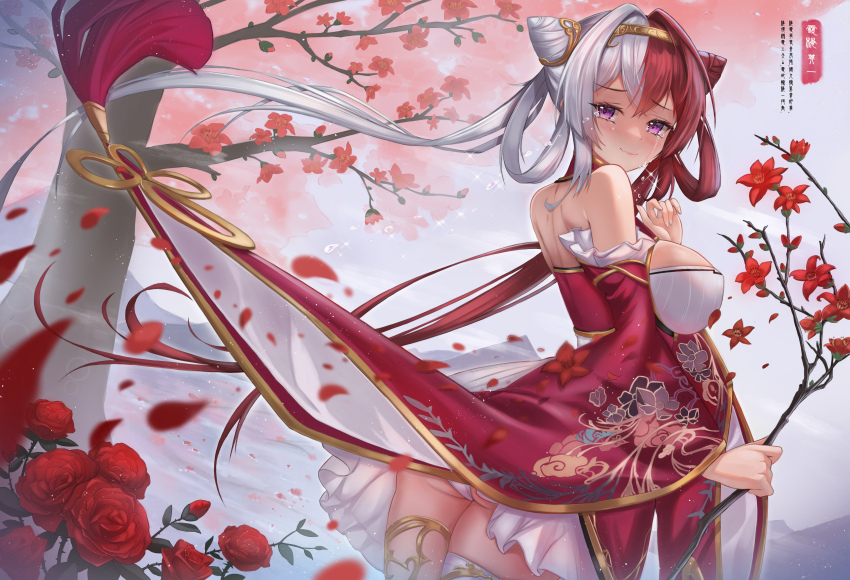 1girl absurdres azur_lane bare_shoulders branch breasts chao_ho_(azur_lane) chinese_commentary commentary_request cone_hair_bun double_bun dutch_angle floral_print flower from_behind gold_trim hair_bun highres holding holding_branch large_breasts long_sleeves looking_at_viewer looking_back multicolored_hair neet_kuu panties pantyshot purple_eyes red_flower red_hair red_petals red_rose rose skirt solo split-color_hair tears thighhighs two-tone_hair underwear variant_set white_hair white_panties white_skirt white_thighhighs wide_sleeves