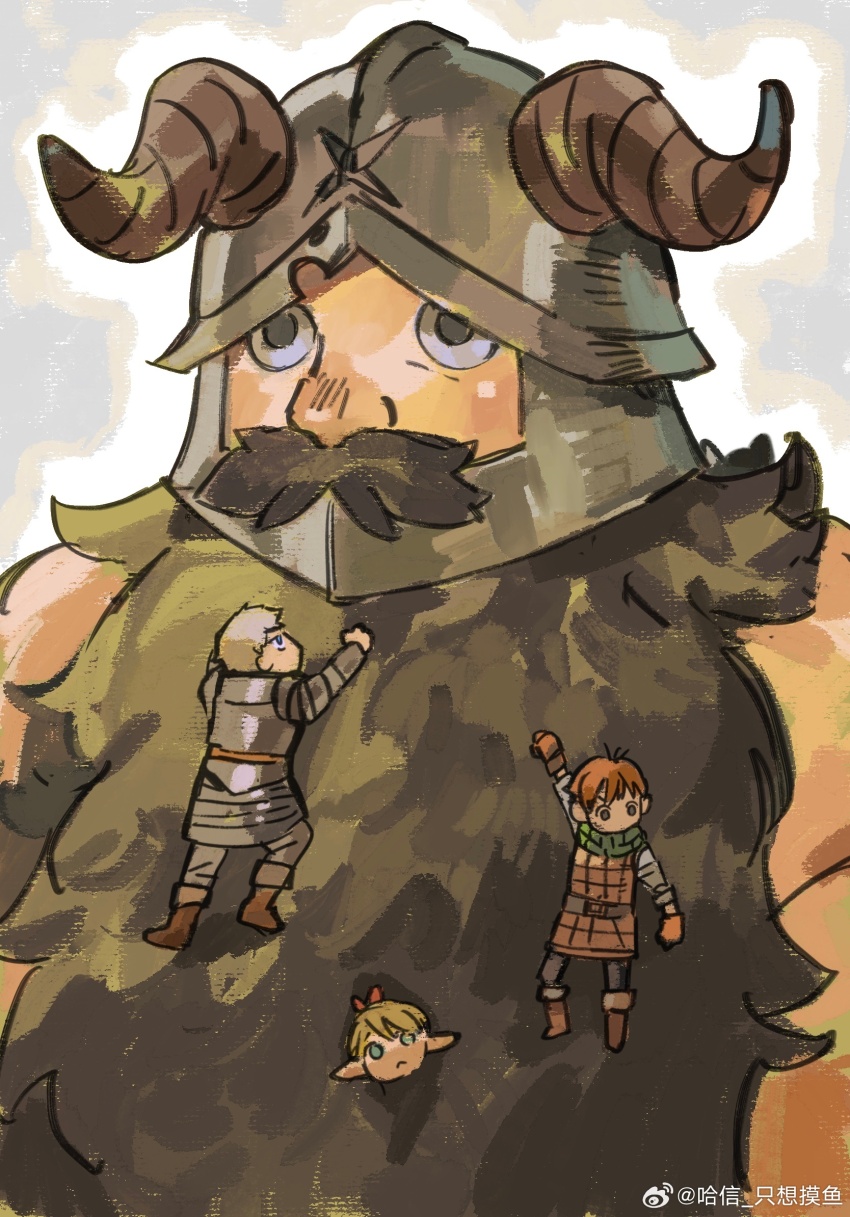 1girl 3boys armor bare_shoulders beard black_hair blonde_hair boots brown_gloves chilchuck_tims climbing clinging covered_mouth dungeon_meshi dwarf elf facial_hair fake_horns gloves green_scarf halfling haxinssy helmet highres horned_helmet horns laios_touden leather_armor long_beard long_hair looking_ahead looking_at_another looking_down looking_up marcille_donato mini_person miniboy minigirl multiple_boys pants pauldrons peeking_out plate_armor pointy_ears scarf senshi_(dungeon_meshi) shirt short_hair shoulder_armor size_difference sleeveless solo_focus upper_body white_background white_shirt