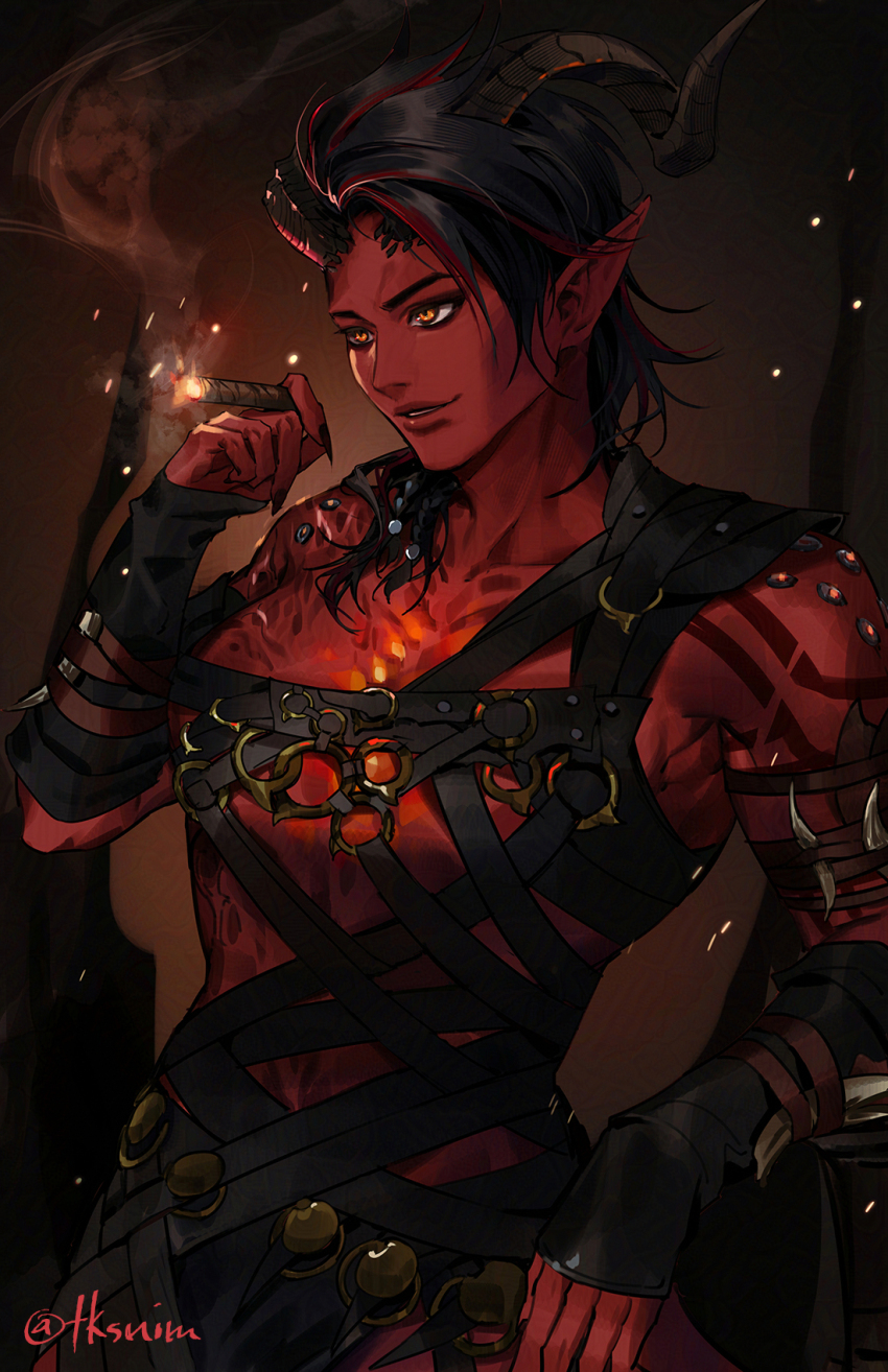 1girl armor asymmetrical_hair baldur&#039;s_gate baldur&#039;s_gate_3 broken_horn colored_skin demon_girl demon_horns demon_tail highres horns karlach leather_armor multi-tied_hair muscular muscular_female pointy_ears red_hair red_skin short_hair sidecut smile smoking solo studs tail tk_(tksnim) undercut