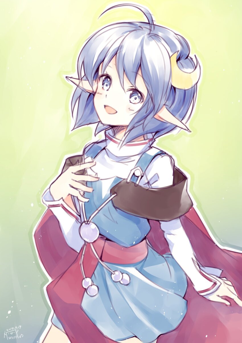 1girl ahoge blue_eyes blue_hair cape crescent crescent_hair_ornament dated hair_ornament highres looking_at_viewer open_mouth pointy_ears red_cape rena_lanford short_hair simple_background skirt smile solo star_ocean star_ocean_ex star_ocean_the_second_story yoshino_ryou