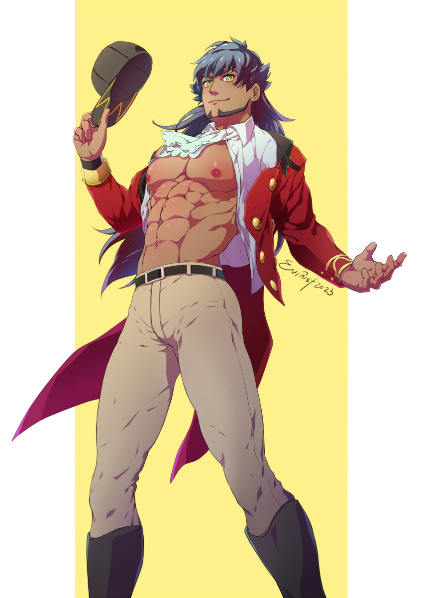 1boy abs artist_name ascot bara bare_pectorals baseball_cap beard belt commentary dark-skinned_male dark_skin english_commentary evinist facial_hair hat highres holding holding_unworn_clothes holding_unworn_hat large_pectorals leon_(pokemon) long_hair looking_at_viewer male_focus muscular muscular_male navel nintendo nipples open_clothes pants pectorals pokemon pokemon_swsh purple_hair solo unworn_hat unworn_headwear variant_set white_ascot yellow_eyes