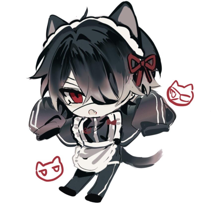 1boy alternate_costume animal_ears apron arms_up black_hair black_jacket black_pants black_tail black_track_suit cat_boy cat_ears cat_tail chibi chibi_only crossdressing crossdressing_(mtf) eyepatch fang full_body hashtag-only_commentary highres jacket jersey_maid jitome kemonomimi_mode long_bangs long_sleeves looking_at_viewer maid maid_apron maid_headdress male_focus male_maid one_eye_covered ooe_(game) open_mouth pants purazumarokku red_eyes shinbashi_(ooe) short_hair simple_background sleeves_past_fingers sleeves_past_wrists solo tail track_jacket track_pants track_suit unconventional_maid very_long_sleeves waist_apron white_apron white_background