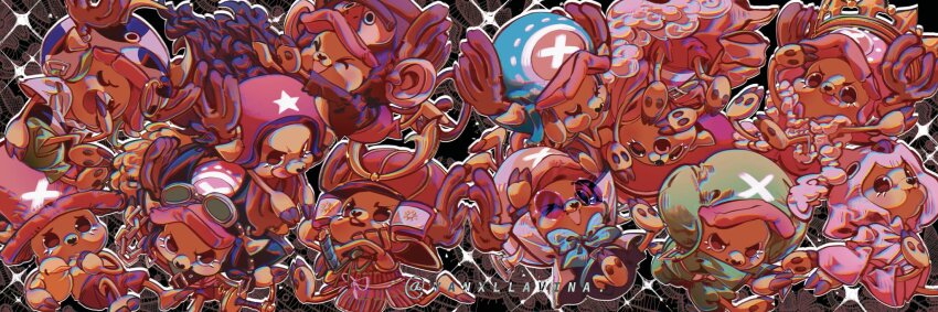 1boy ^_^ antlers blue_bow blue_bowtie bow bowtie chromatic_aberration closed_eyes commentary cross crown english_commentary goggles goggles_on_headwear hat highres hood horns looking_at_viewer male_focus multiple_views one_piece one_piece:_strong_world one_piece_film:_gold one_piece_film:_red one_piece_film:_z reindeer_antlers round_eyewear shorts solo sunglasses tongue tongue_out tony_tony_chopper twitter_username upside-down vanxllavina