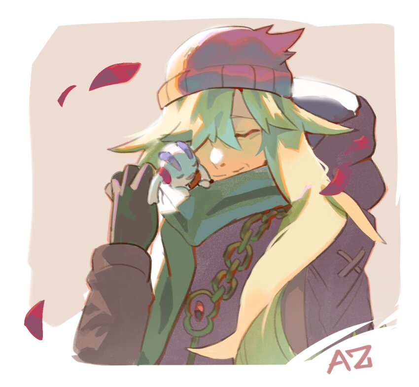 1boy 765_nanami arm_up az_(pokemon) beanie black_coat black_gloves chain closed_eyes closed_mouth coat commentary cropped_torso falling_petals floette floette_(eternal) gen_6_pokemon gloves green_hair green_scarf hair_over_one_eye hashtag-only_commentary hat highres hood hood_down hooded_coat long_hair long_sleeves male_focus nintendo old old_man one_eye_covered petals pokemon pokemon_xy scarf smile very_long_hair