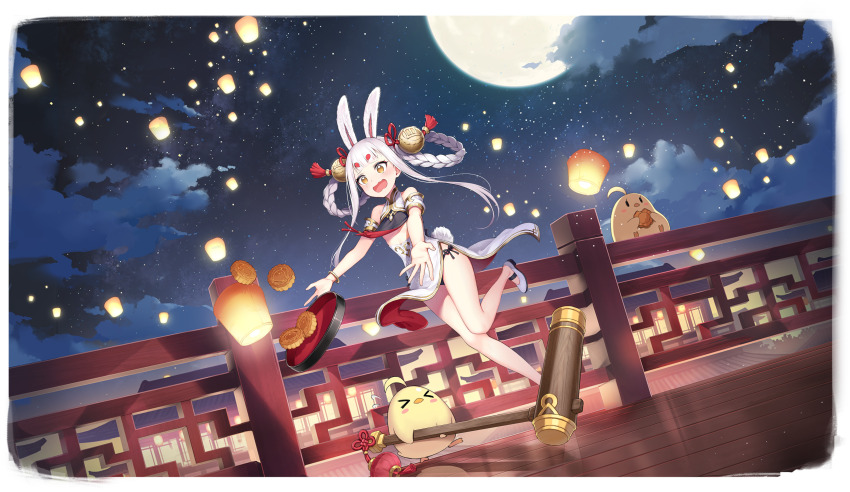 &gt;_&lt; 1girl absurdres animal_ears artist_request azur_lane bell black_panties blunt_bangs braid braided_hair_rings breasts brown_eyes check_artist china_dress chinese_clothes cloud dress food full_moon hair_bell hair_ornament hair_rings highres hikimayu holding holding_mallet kuroboshi_kouhaku lantern leg_up legs long_hair mallet manjuu_(azur_lane) moon mooncake night night_sky non-web_source official_alternate_costume official_art open_mouth outdoors outside_border outstretched_arms panties rabbit_ears rabbit_girl rabbit_tail railing revision round_image shimakaze_(azur_lane) shimakaze_(clumsy_moon_rabbit)_(azur_lane) shoes side-tie_panties sky small_breasts standing standing_on_one_leg star_(sky) starry_sky tail thighs transparent_background tray tripping twin_braids underwear very_long_hair white_dress white_footwear white_hair wind wind_lift