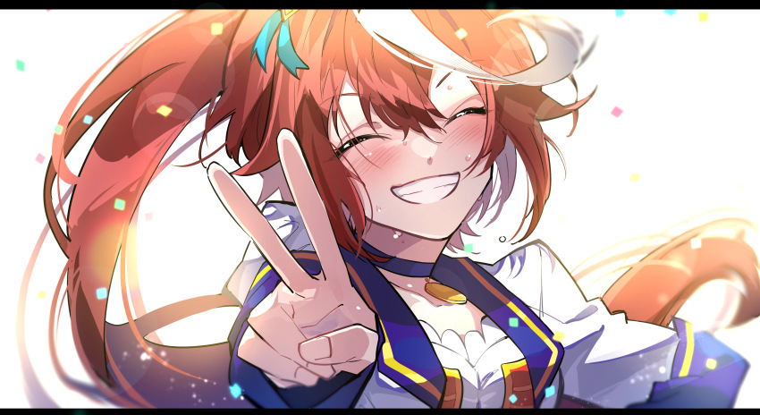 1girl absurdres blush brown_hair closed_eyes commentary_request eyelashes facing_viewer grin highres horse_girl long_hair multicolored_hair nekoma_hikaru ponytail simple_background smile solo streaked_hair tokai_teio_(umamusume) umamusume upper_body v white_background