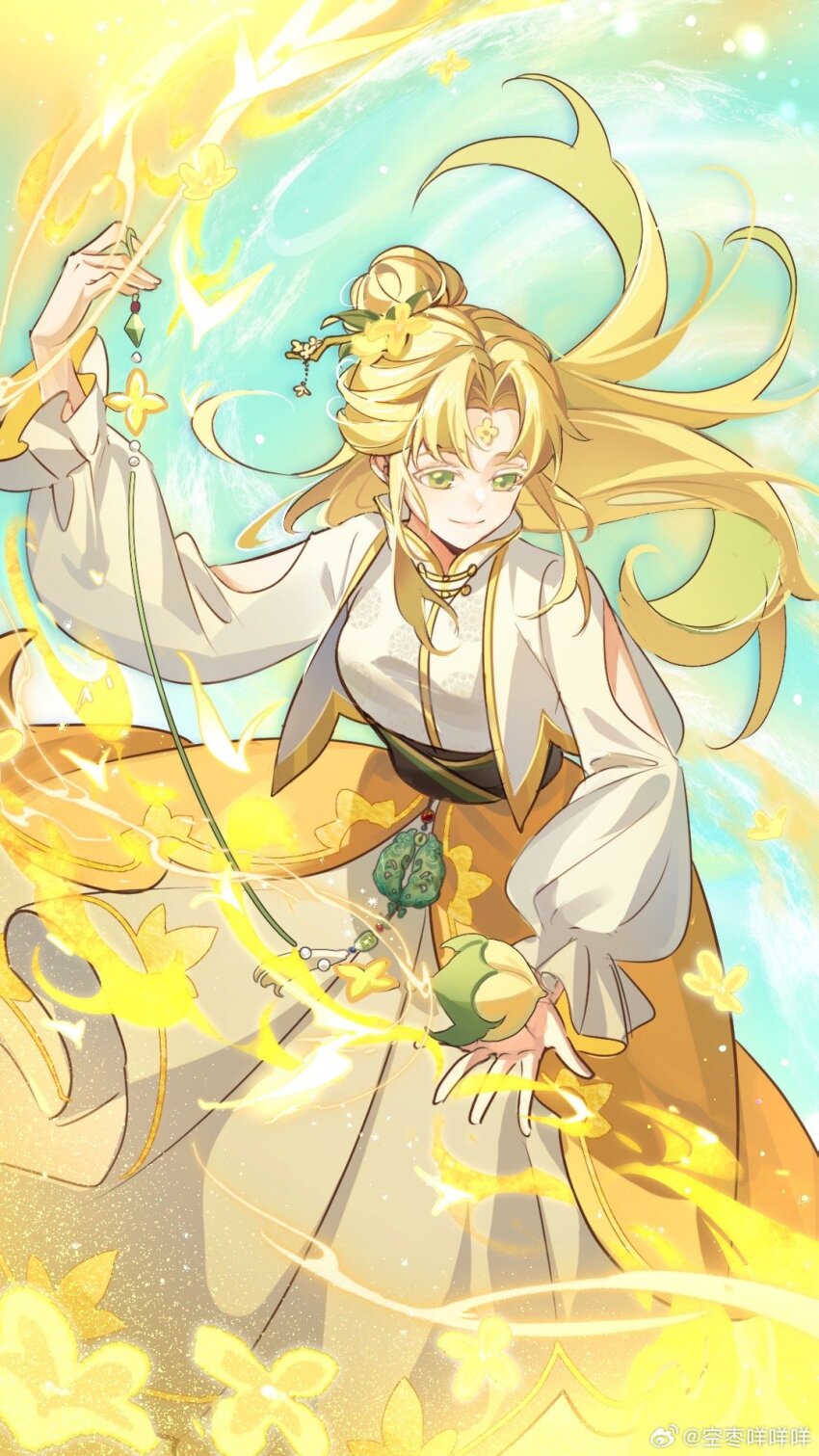 1girl arm_cutout aura black_sash blonde_hair blue_background chinese_clothes closed_mouth colored_eyelashes cookie_run curtained_hair feet_out_of_frame flower forehead_jewel frilled_sleeves frills golden_osmanthus_cookie green_eyes hair_bun hair_flower hair_ornament hair_stick half_updo hand_up highres holding holding_pendulum humanization jacket kongzao layered_skirt long_hair long_skirt long_sleeves looking_at_object looking_to_the_side open_clothes open_jacket parted_bangs pendulum pouch puffy_long_sleeves puffy_sleeves sash shirt single_hair_bun skirt smile solo standing watermark weibo_watermark white_jacket white_shirt yaopei yellow_flower yellow_skirt