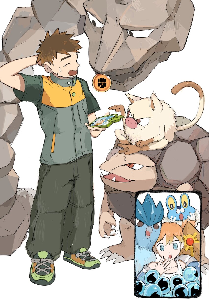 1boy 1girl arm_behind_head articuno blue_eyes brock_(pokemon) brown_hair closed_eyes froakie game_freak gen_1_pokemon gen_6_pokemon golem golem_(pokemon) green_pants highres holding keina_(ke1na_h) legendary_pokemon male_focus mankey misty_(pokemon) multicolored_footwear multiple_boys nintendo onix open_mouth orange_hair pants pokemon pokemon_frlg pokemon_tcg pokemon_tcg_pocket rock shirt shoes short_hair short_sleeves shorts smile standing staryu sweatdrop vest