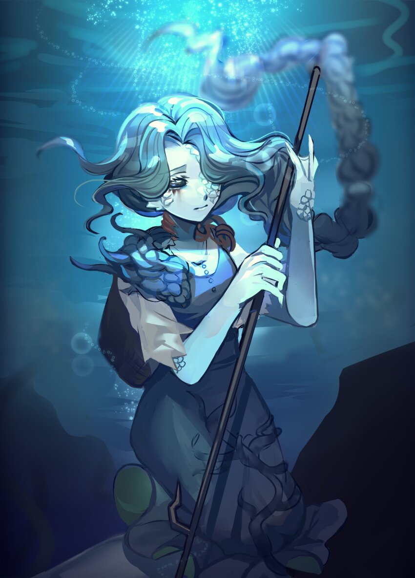 1girl black_eyes blue_dress blue_hair blurry braid closed_mouth depth_of_field dress expressionless feet_out_of_frame grace_(identity_v) hair_over_one_eye highres holding holding_polearm holding_weapon identity_v lens_flare long_hair pinafore_dress polearm rock sack sansai_toritori scales shirt short_sleeves single_braid sleeveless_dress solid_eyes solo underwater weapon webbed_hands white_shirt