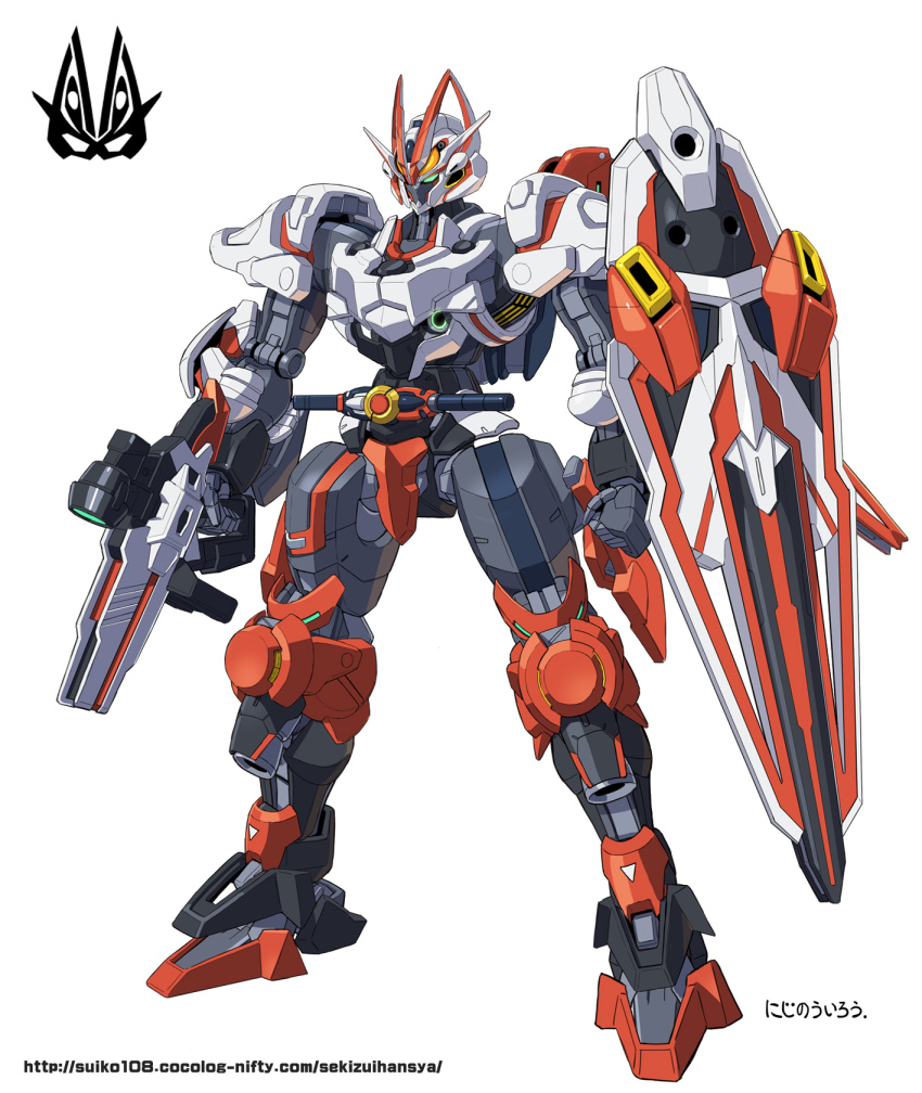 beam_rifle commentary_request emblem energy_gun full_body fusion green_eyes gun gundam gundam_aerial gundam_suisei_no_majo highres holding holding_gun holding_weapon kamen_rider kamen_rider_geats kamen_rider_geats_(series) mecha mobile_suit no_humans rider_belt robot shield solo standing v-fin weapon white_background yanagi_joe