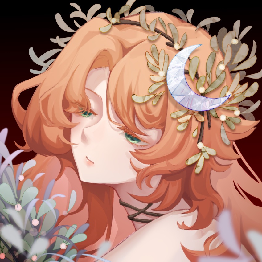 1girl absurdres bare_shoulders black_background closed_mouth colored_eyelashes crescent crescent_hair_ornament druvis_iii dugu_jing eyelashes gradient_background green_eyes hair_ornament half-closed_eyes highres leaf_hair_ornament long_hair looking_down mistletoe orange_hair portrait red_background reverse:1999 solo