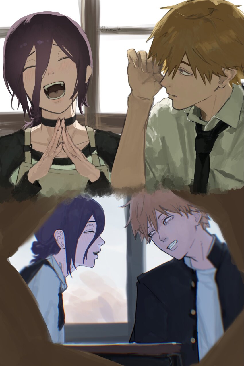 1boy 1girl apron black_choker black_necktie chainsaw_man choker collared_shirt denji_(chainsaw_man) hair_bun highres kohaa_ku laughing necktie reze_(chainsaw_man) shirt shirt_tucked_in single_hair_bun smile