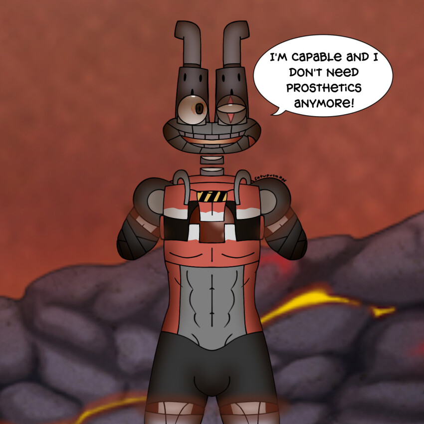 abs amputee bad_artstation_id bad_id bad_link black_bandages brown_eyes double_amputee earth_island english_text epic_wubbox fire_emoji floating_neck highres i&#039;m_capable_and_i_don&#039;t_need_prosthetics_anymore male_focus muscular muscular_male my_singing_monsters redrawn satire satuputra scar scar_across_eye scar_on_face skull_emoji traces watermark wubbox_(my_singing_monsters)