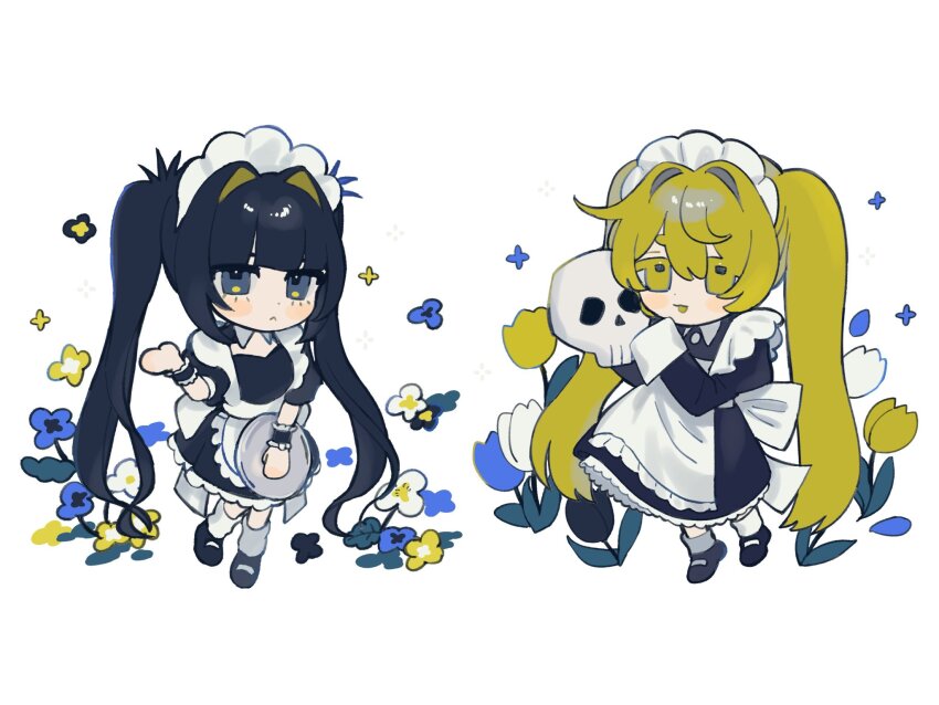 2girls :&lt; :d apron black_dress black_eyes black_hair blonde_hair blue_flower blue_tulip blush_stickers chibi chibi_only closed_mouth dot_nose dress flower frilled_apron frills hair_intakes hand_up highres holding holding_skull holding_tray iwonu long_dress long_sleeves looking_at_viewer maid maid_headdress multiple_girls open_mouth original simple_background skull smile tray tulip twintails white_apron white_background white_flower white_tulip yellow_eyes yellow_flower yellow_tulip
