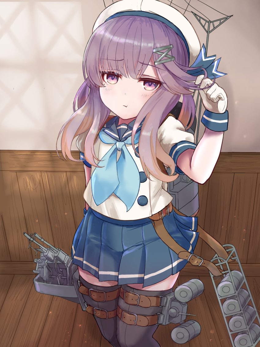 1girl black_thighhighs blue_neckerchief blue_sailor_collar blue_skirt blush closed_mouth depth_charge em_s gloves hat highres kantai_collection long_hair machinery mole mole_under_eye neckerchief pleated_skirt pout purple_hair rigging sailor_collar sailor_hat school_uniform serafuku ship_turret skirt smokestack solo thighhighs tsushima_(kancolle) white_gloves white_hat yellow_eyes
