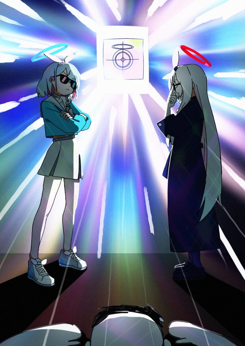 1boy 2girls adon_(dufaladanidu) arona_(blue_archive) black_coat black_footwear blue_archive blue_hair blue_halo blue_shirt closed_mouth coat colored_inner_hair crossed_arms doodle_sensei_(blue_archive) envelope halo highres long_hair long_sleeves multicolored_hair multiple_girls pink_hair plana_(blue_archive) red_halo sensei_(blue_archive) shirt shoes skirt sneakers socks standing sunglasses very_long_hair white_hair white_skirt white_socks