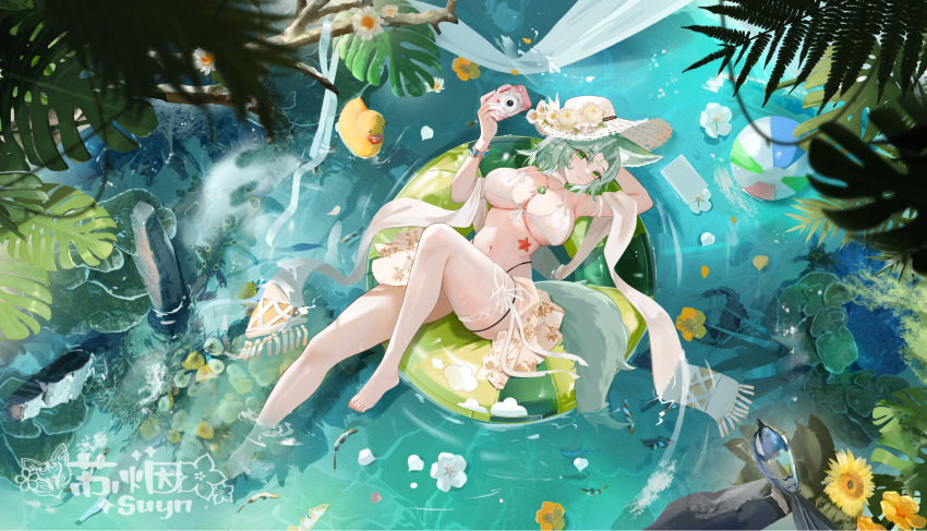 1girl animal_ear_fluff animal_ears arm_up ball bare_legs barefoot beachball bikini bikini_skirt bird breasts camera cat_ears cleavage feet fern fish flower fox_ears fox_tail frilled_bikini frills from_above full_body green_eyes green_hair hat hat_flower highres holding holding_camera innertube jewelry knee_up large_breasts legs looking_at_viewer lying navel necklace on_back original outdoors palm_leaf rubber_duck sabou_san-shitsu_kokoro short_hair smile soaking_feet solo straw_hat sun_hat swim_ring swimsuit tail thigh_strap toenails toes water white_bikini white_flower yellow_flower