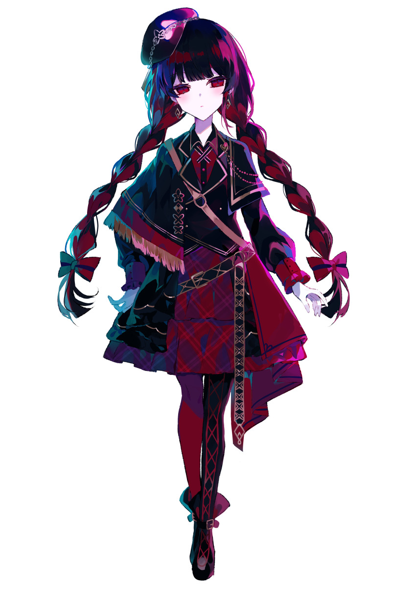 1girl absurdres asymmetrical_legwear black_capelet black_hair black_hat black_jacket black_pantyhose black_shoes blunt_bangs bow braid capelet closed_mouth colored_skin earrings empty_eyes flower full_body hair_bow hair_flower hair_ornament haishin_shoujo_no_uraaka_meikyuu hand_on_own_hip hat highres jacket jewelry layered_skirt long_hair long_sleeves looking_at_viewer mahou_shoujo_no_majo_saiban mini_hat mismatched_legwear nikaido_hiro official_art pantyhose peaked_cap red_bow red_eyes red_pantyhose red_skirt second-party_source shoes simple_background skirt solo standing tachi-e twin_braids umemaro_(siona0908) very_long_hair white_skin