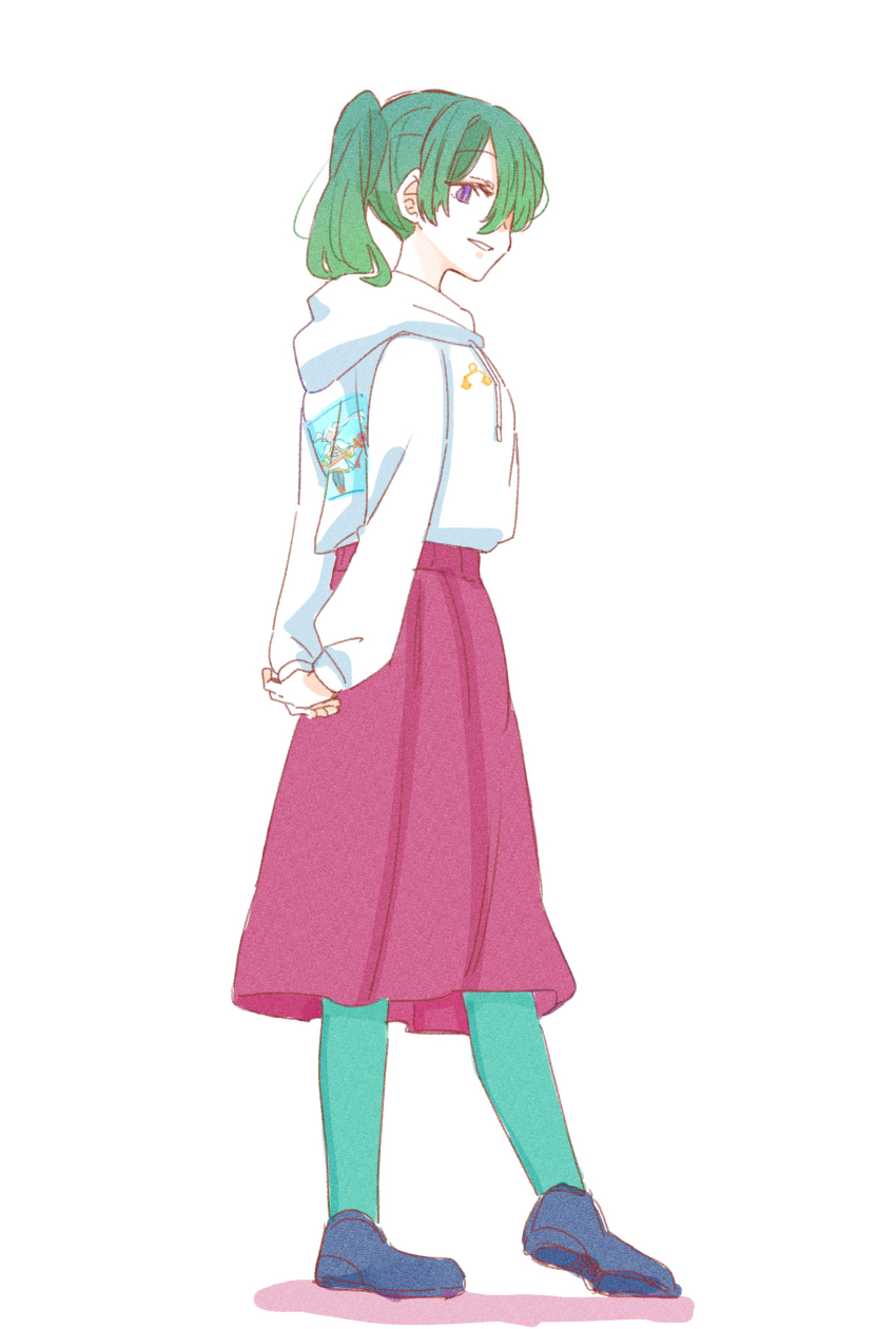 1girl absurdres arms_behind_back black_shoes colored_shadow drawstring full_body green_hair green_pantyhose hair_over_one_eye highres hood hood_down hoodie long_sleeves own_hands_together pantyhose pleated_skirt puffy_long_sleeves puffy_sleeves purple_eyes red_skirt seila_rei shadow shoes side_ponytail simple_background skirt smile solo sousou_no_frieren standing ubel_(sousou_no_frieren) white_background white_hoodie