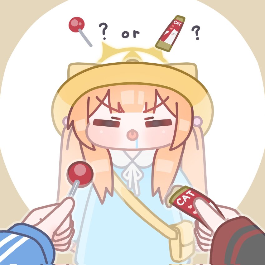 3girls ? blue_archive blue_dress blunt_bangs candy chibi ciao_churu commentary dress drooling english_commentary english_text food hair_bobbles hair_ornament halo hat highres holding holding_candy holding_food holding_lollipop horuhara kayoko_(blue_archive) kindergarten_uniform lollipop long_hair long_sleeves mari_(blue_archive) multiple_girls neck_ribbon no_nose orange_hair pet_food ribbon saliva school_hat solo_focus tongue tongue_out v-shaped_eyebrows yellow_halo yellow_hat yuuka_(blue_archive) yuuka_(track)_(blue_archive)