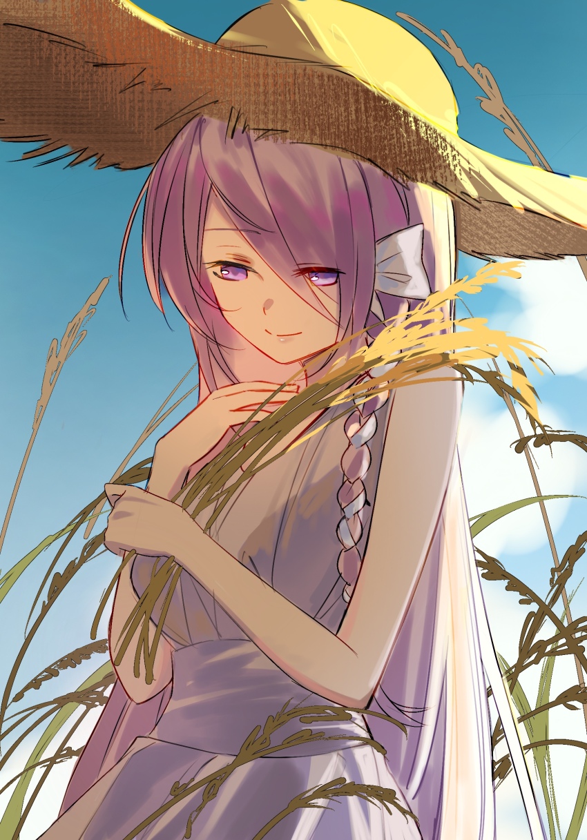 1girl blue_sky braid breasts dress hair_over_one_eye hat heaven_burns_red highres kr_woyue kura_satomi large_breasts long_hair pink_hair ponytail red_eyes ribbon rice_(plant) sky solo straw_hat very_long_hair white_dress