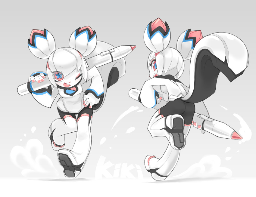 1girl 2016 absurdres animal_ears ass bike_shorts chinese_commentary colored_skin commentary crossover downturned_eyes english_commentary eyeliner furry furry_female highres holding holding_stylus joints kde kiki_the_cyber_squirrel krita_(medium) krita_(software) leaning_forward leggings long_sleeves looking_at_viewer looking_back makeup mascot open_mouth original panty_&amp;_stocking_with_garterbelt pink_eyeliner pink_nails reference_sheet robot robot_joints shirt signature simple_background smile soles squirrel squirrel_ears squirrel_girl squirrel_tail standing standing_on_one_leg stylus symbol_in_eye tail three_quarter_view tsurime tyson_tan upturned_eyes v-shaped_eyebrows white_hair white_leggings white_shirt white_skin