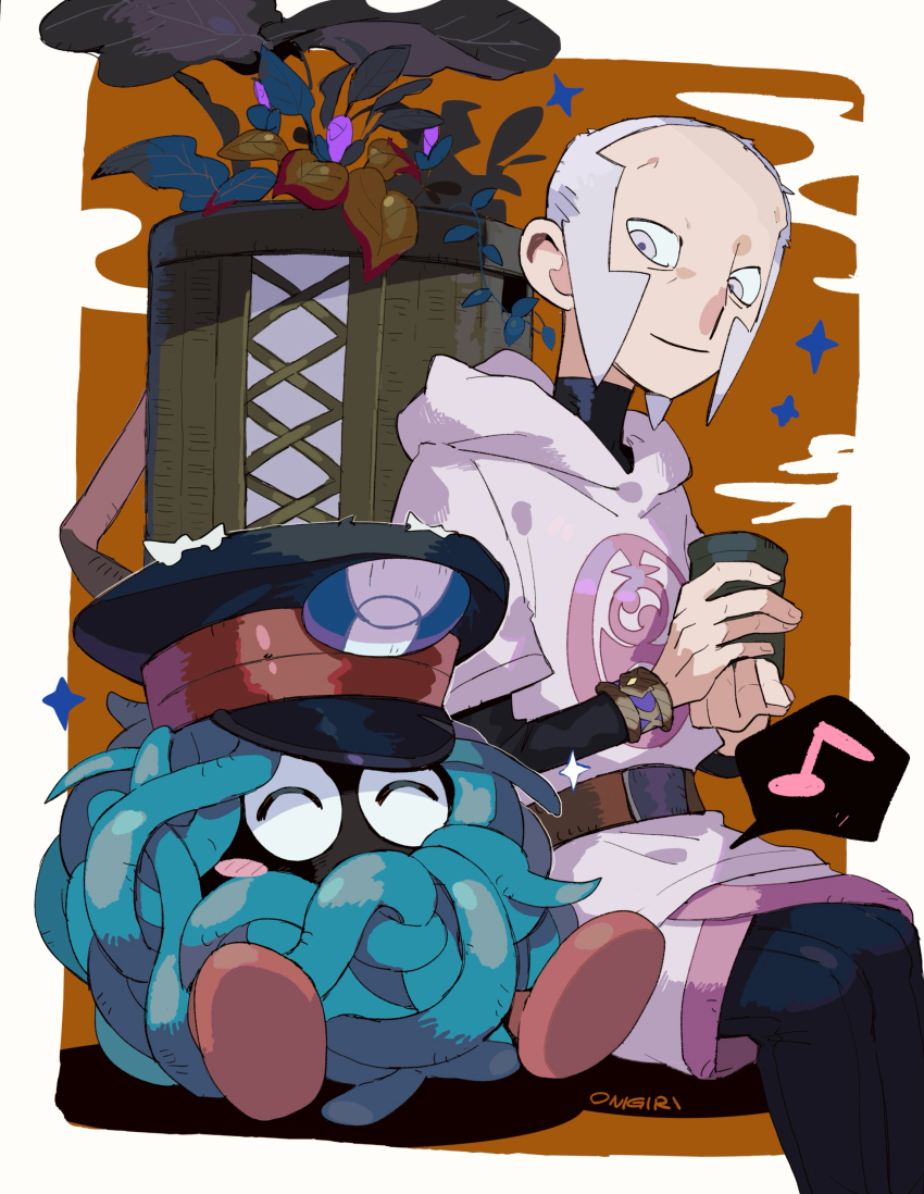 absurdres armlet belt black_hat black_pants creatures_(company) cup facial_hair game_freak gen_1_pokemon goatee grey_eyes grey_hair hat highres holding holding_cup ingo_(pokemon) jewelry leaf light_smile looking_at_another musical_note nintendo onigiri_(ahku5522) pants pearl_clan_outfit plant pokemon pokemon_(creature) pokemon_legends:_arceus short_hair sideburns sitting spoken_musical_note tangela tea turtleneck vines