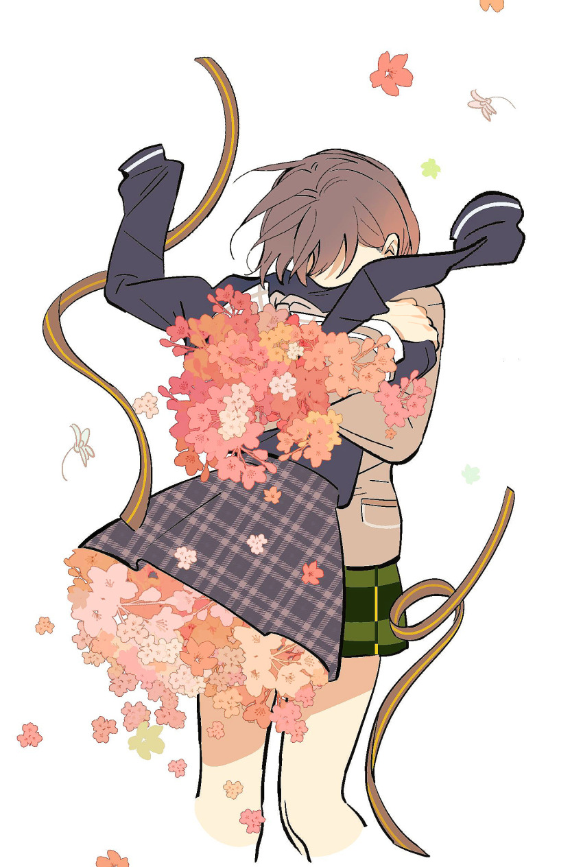 1girl bang_dream! bang_dream!_it&#039;s_mygo!!!!! blazer blue_serafuku brown_hair chinese_commentary commentary_request cropped_legs dou_shuole_wo_meiyou_lian_chou_pi floral_dissolve flower grey_jacket haneoka_school_uniform highres hug jacket long_sleeves orange_flower pink_flower plaid_clothes plaid_skirt pleated_skirt red_flower ribbon school_uniform serafuku short_hair skirt solo standing takamatsu_tomori togawa_sakiko tsukinomori_school_uniform unworn_clothes unworn_ribbon white_background winter_uniform