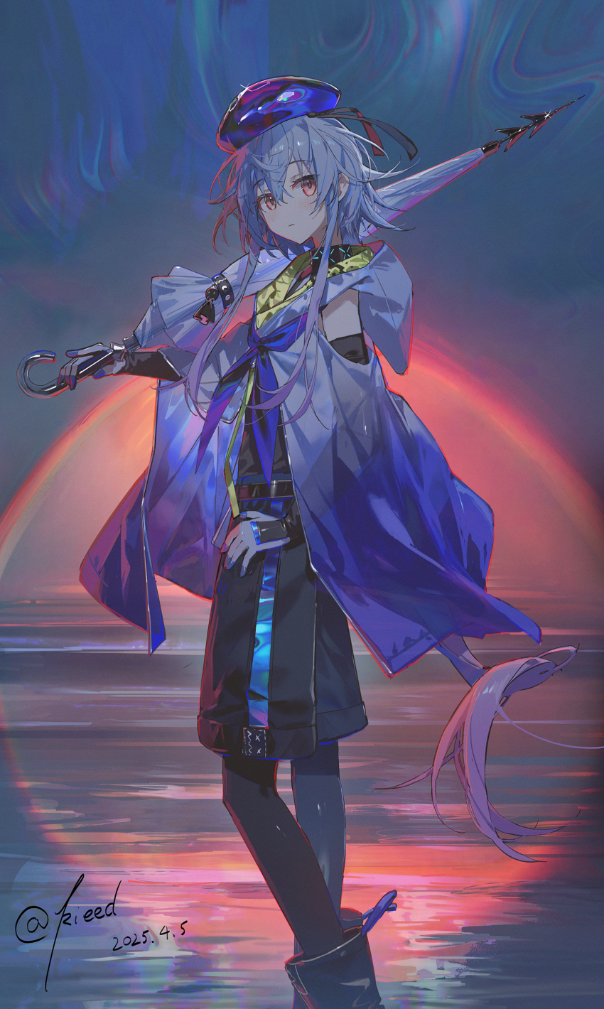 1boy absurdres arknights artist_name beret blue_hair blue_hat blue_neckerchief blush cloak closed_mouth commentary dated hand_on_own_hip hat highres holding holding_umbrella hood hood_down hooded_cloak kieed looking_at_viewer male_focus mizuki_(arknights) neckerchief pantyhose pantyhose_under_shorts red_eyes short_hair_with_long_locks shorts solo umbrella
