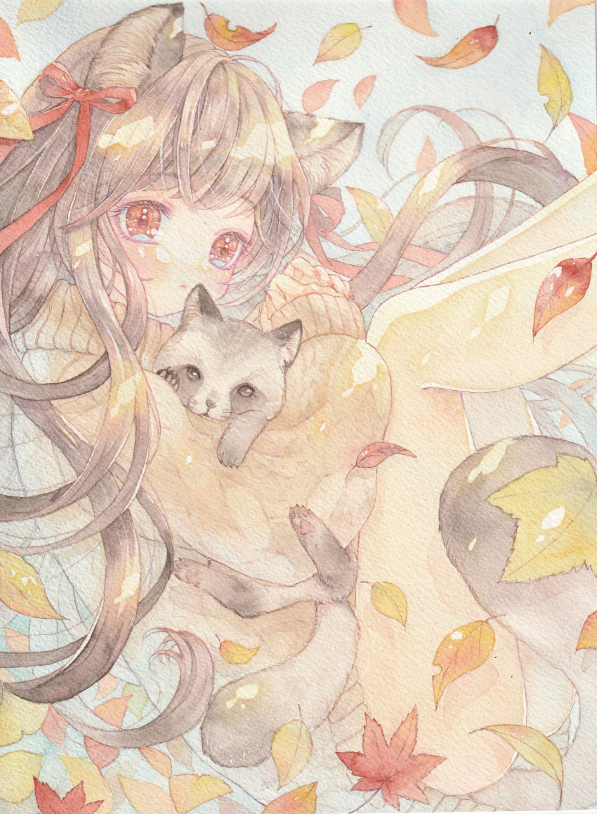 1girl absurdres amu_(m_aa) animal animal_ears autumn_leaves bottomless brown_hair brown_sweater closed_mouth commentary falling_leaves hair_ribbon highres holding holding_animal leaf long_hair long_sleeves original painting_(medium) raccoon_ears raccoon_girl raccoon_tail red_eyes red_ribbon ribbon solo sweater tail tanuki traditional_media very_long_hair watercolor_(medium)