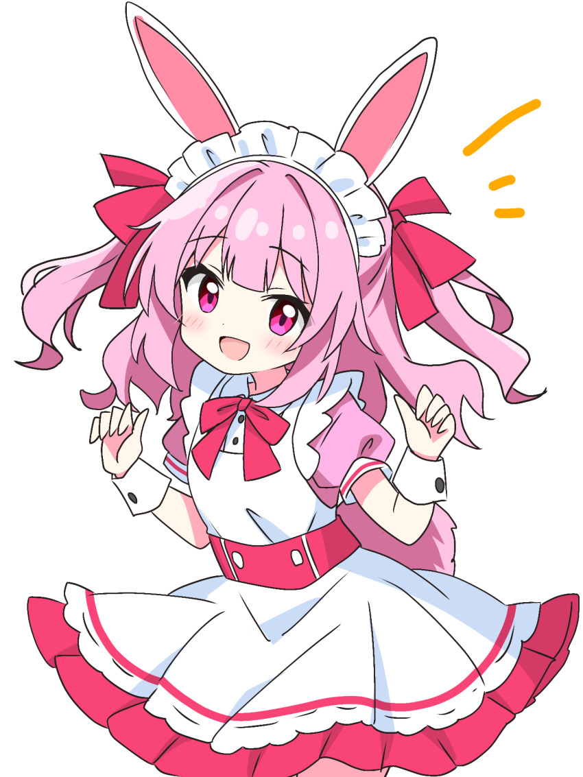 1girl :d animal_ears apron blush commentary_request cowboy_shot dot_nose dress frilled_dress frills hair_ribbon highres kotatsu-mazoku long_hair looking_at_viewer maid maid_headdress maid_rabbit_girl_(kotatsu-mazoku) neck_ribbon open_mouth original pink_dress pink_eyes pink_hair pink_ribbon rabbit_ears rabbit_girl rabbit_tail ribbon short_sleeves simple_background smile solo tail two_side_up white_apron white_background wrist_cuffs