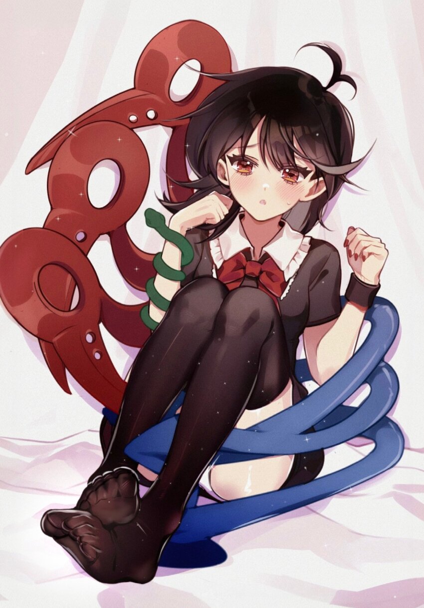 1girl antenna_hair asymmetrical_wings black_dress black_hair black_thighhighs blue_wings bow dress feet frilled_shirt_collar frills full_body hashtag-only_commentary highres houjuu_nue iwakoo knees_to_chest medium_hair nue_day panties red_bow red_eyes red_nails red_wings short_dress short_sleeves snake thighhighs touhou underwear white_panties wings wrist_cuffs