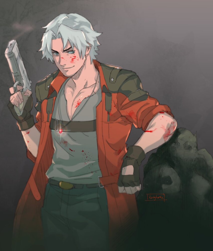 1boy artist_name belt black_gloves blood blood_on_clothes blood_on_face blue_eyes cowboy_shot dante_(devil_may_cry) devil_may_cry_(series) fingerless_gloves gloves grey_background grey_shirt gun highres holding holding_gun holding_weapon jacket jewelry looking_to_the_side male_focus necklace red_jacket shirt short_hair sideways_glance smile solo tirtyturtle weapon white_hair