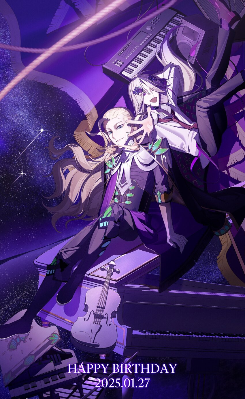 2boys :d absurdres amatsuka_(fate) black_boots black_coat black_corset black_pants blonde_hair boots brown_shoes closed_mouth coat coat_on_shoulders collared_shirt corset dated dual_persona fang fate/grand_order fate_(series) flower full_body gloves green_eyes hair_flower hair_ornament happy_birthday highres id_(fate/grand_order) instrument keyboard_(instrument) knee_boots knee_up long_hair long_sleeves looking_at_viewer male_focus mini_piano multiple_boys necktie night night_sky open_mouth pants piano purple_eyes purple_flower purple_theme red_necktie shirt shoes shooting_star sitting skin_fang sky smile speaker star_(sky) starry_sky violin white_gloves white_shirt wing_collar wolfgang_amadeus_mozart_(fate) yukkuri_(fumoyun)
