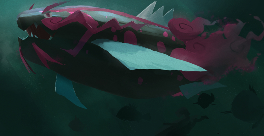 bad_id bad_pixiv_id basculegion basculegion_(male) basculin commentary_request dark evolutionary_line fins fish from_below gen_5_pokemon highres nintendo open_mouth pokemon pokemon_(creature) purple_eyes sharp_teeth silhouette teeth underwater wasabi_master