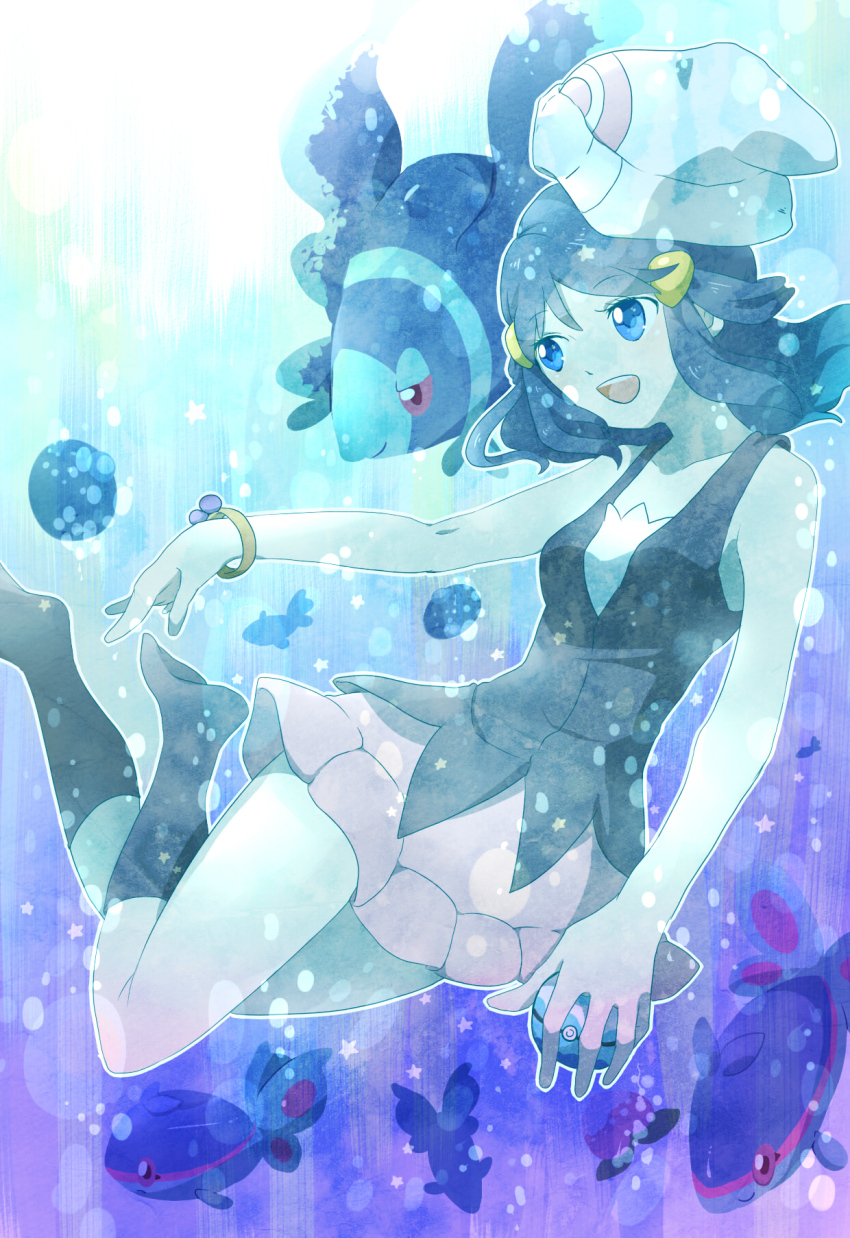 1girl berry_(pokemon) blue_eyes blue_hair colored_sclera dawn_(pokemon) dive_ball finneon fish gen_4_pokemon hair_ornament hairclip highres holding lumineon nago_celica nintendo oran_berry pecha_berry pink_eyes pink_sclera poke_ball pokemon pokemon_dppt smile solo