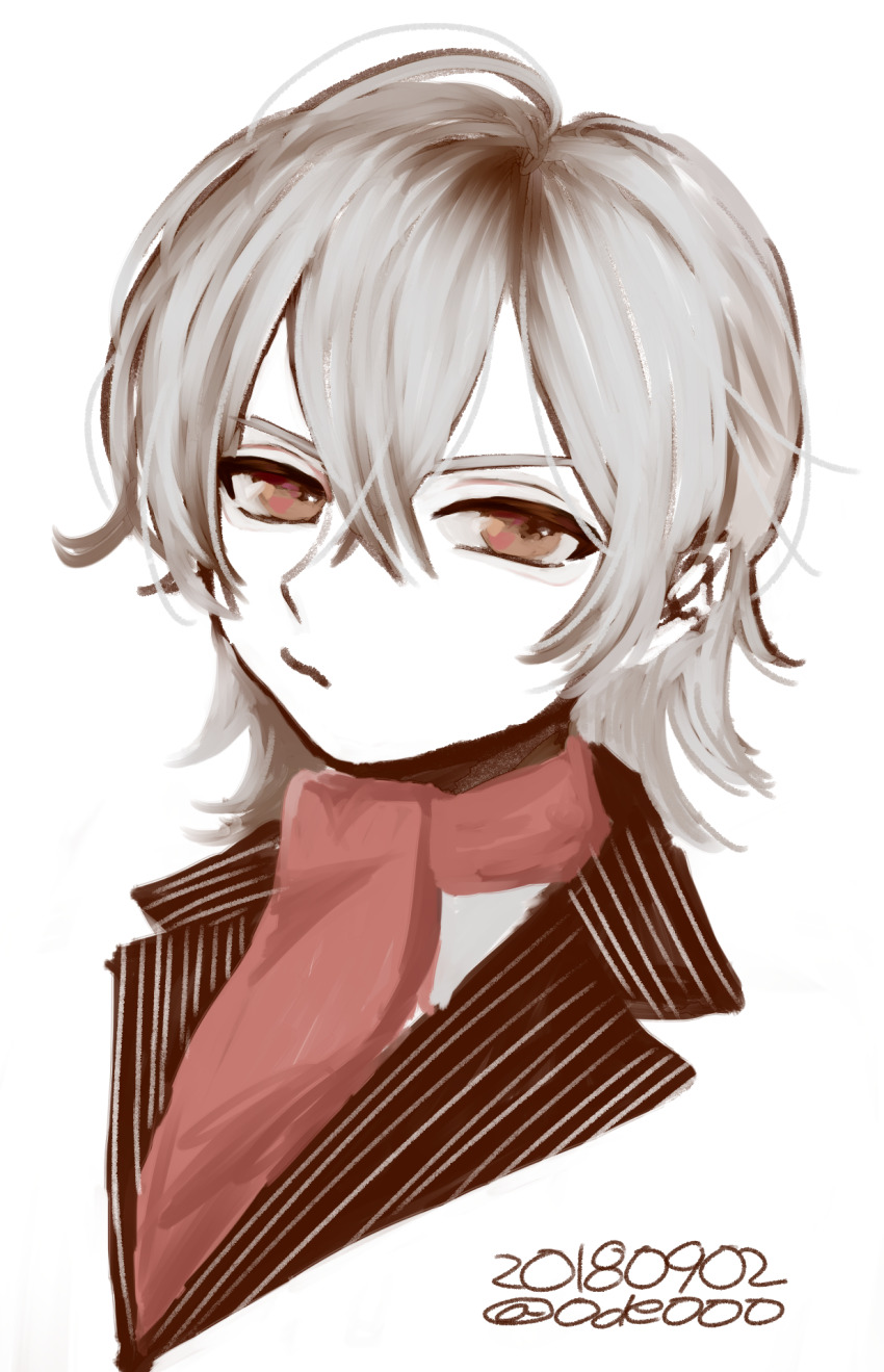 1boy antonio_salieri_(fate) ascot closed_mouth cropped_shoulders dated fate/grand_order fate_(series) grey_hair hair_between_eyes highres looking_at_viewer male_focus odetooo red_ascot red_eyes shirt short_hair simple_background solo striped_clothes striped_shirt twitter_username unamused white_background