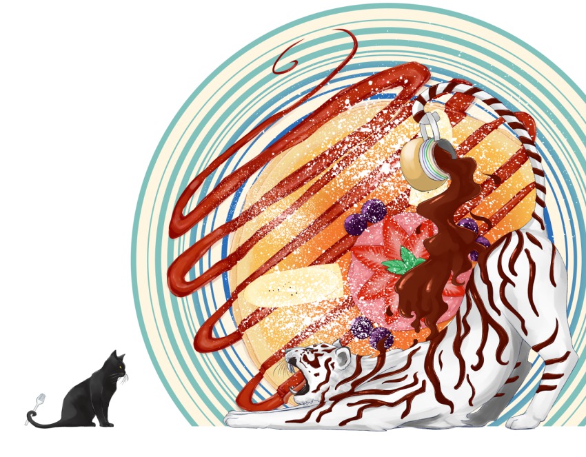 asano_ame black_cat cat chocolate chocolate_covered crepe fangs food food_focus fork fruit holding holding_with_tail ice_cream jug_(bottle) no_humans original prehensile_tail strawberry stretching sugar tail tiger white_tiger yawning