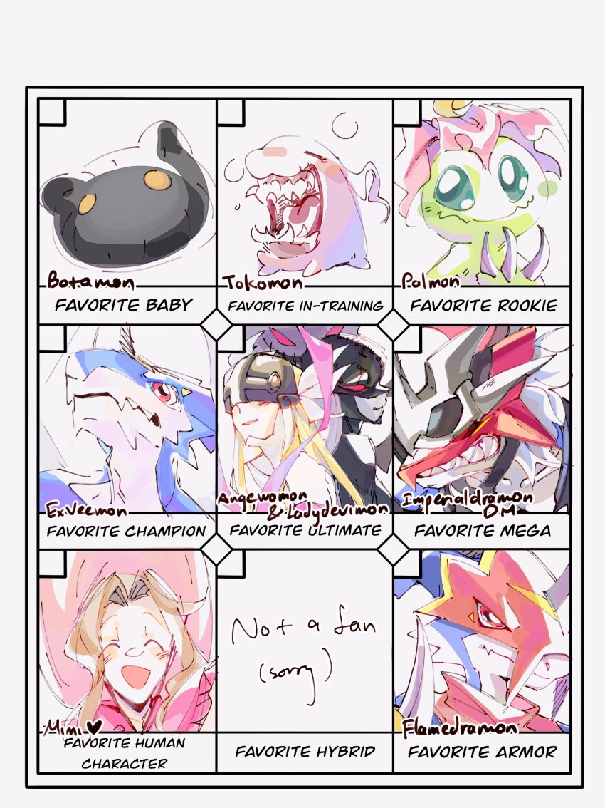 absurdres angewomon botamon digimon digimon_(creature) fladramon flower highres imperialdramon imperialdramon_dragon_mode ladydevimon monster_girl palmon petals plant_girl sharp_teeth tachikawa_mimi teeth tokomon xv-mon