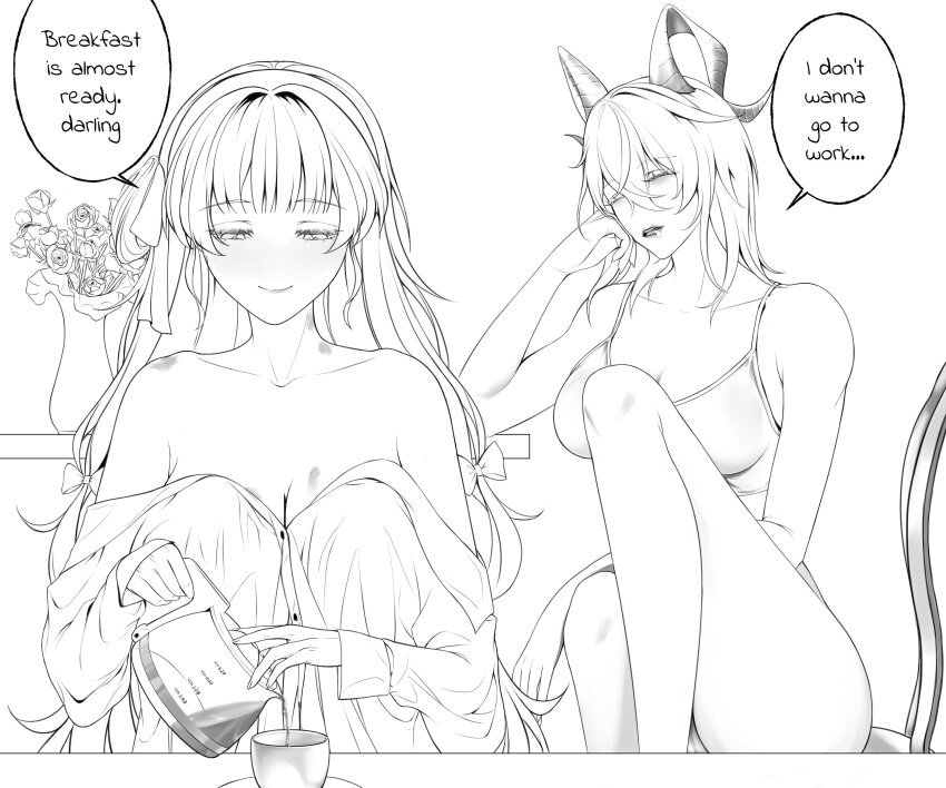 2girls absurdres breasts camisole cleavage closed_mouth coffee commentary cup english_commentary flower greyscale hair_ribbon hickey highres holding_coffee_pot horns large_breasts long_hair monochrome multiple_girls off_shoulder phoebe_(wuthering_waves) pouring ribbon rose shirt sitting smile sofi_(sefiiru) teacup vase wuthering_waves yuri zani_(wuthering_waves)
